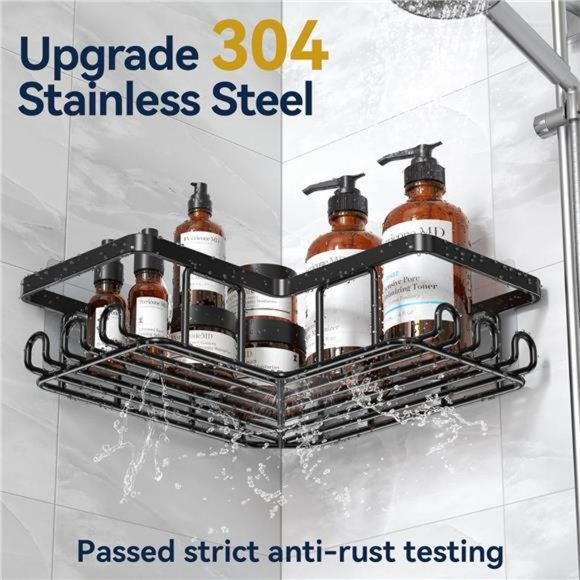 Corner Adhesive Shower Caddy, with Soap Holder and 12 Hooks, Rustproof 3 Pack - Picture 4 of 7